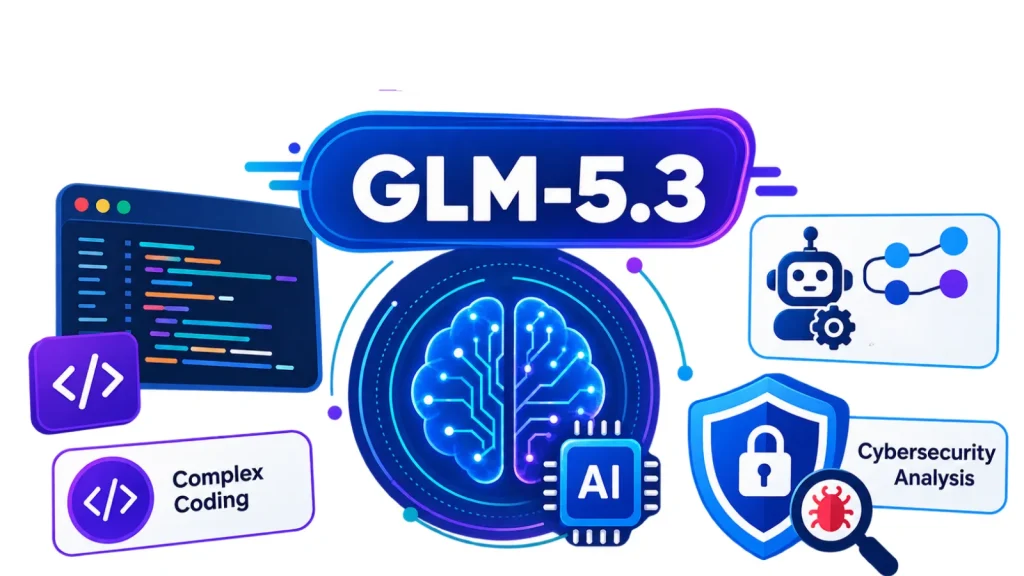 Z.ai-Unveils-GLM-5.3-with-Major-Enhancements-for-Coding-and-Cybersecurity-1024×576 GLM-5.3 logo at center with graphics of AI, brain, coding, robot, and shield icons, plus text: Complex Coding and Cybersecurity Analysis on a white background.