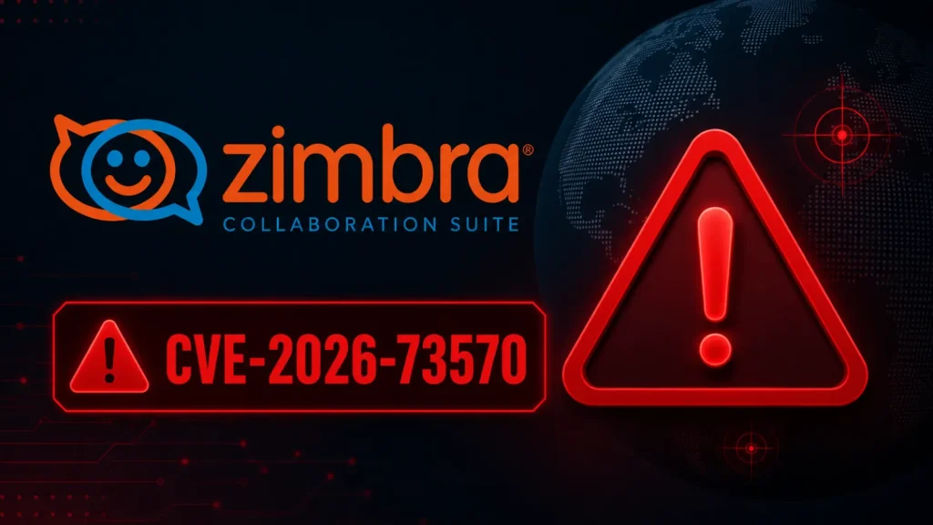 Zimbra Collaboration Suite logo next to a red warning triangle and the text CVE-2026-73570 on a dark background with a digital globe.
