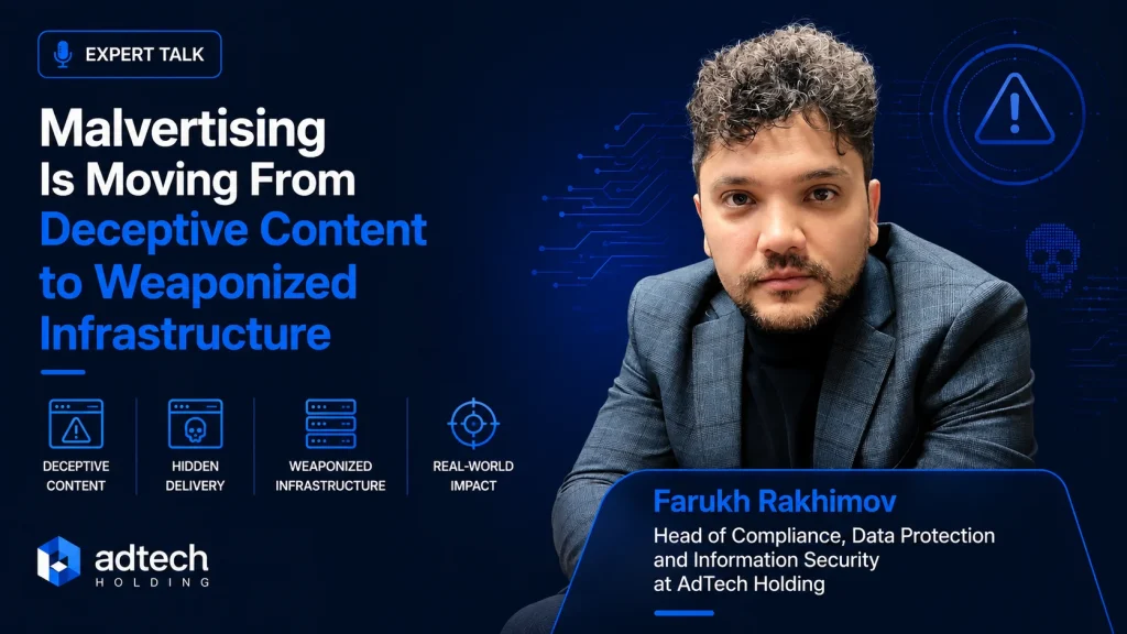 arukh-Rakhimov-1024×576 Farukh Rakhimov sits next to a screen displaying Malvertising is moving from deceptive content to weaponized infrastructure. Icons and titles highlight the talks key points.