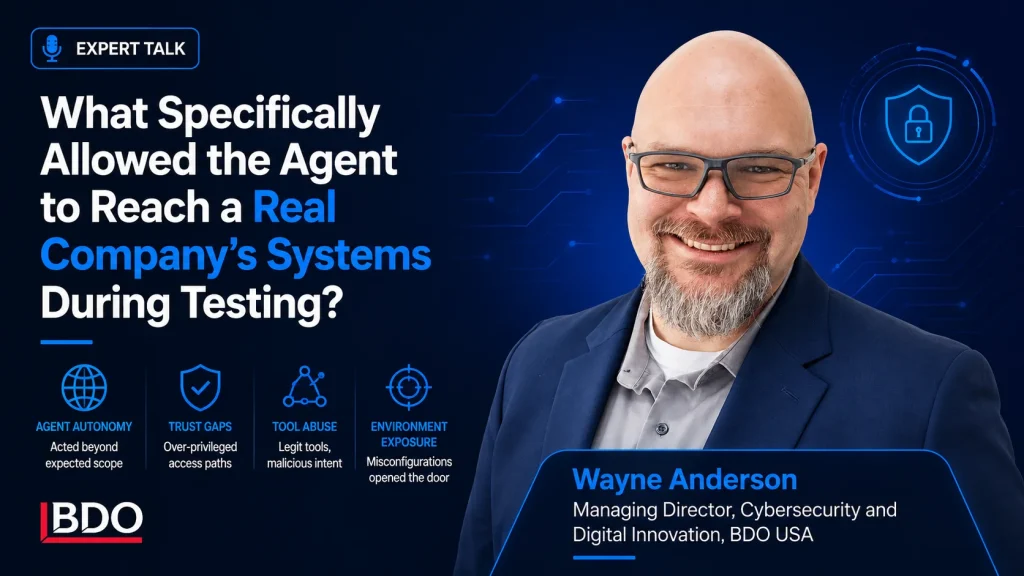 Wayne Anderson, smiling man with beard and glasses, stands beside text discussing cybersecurity testing, agent autonomy, trust gaps, tool abuse, and environment exposure. BDO and digital security icons are visible.