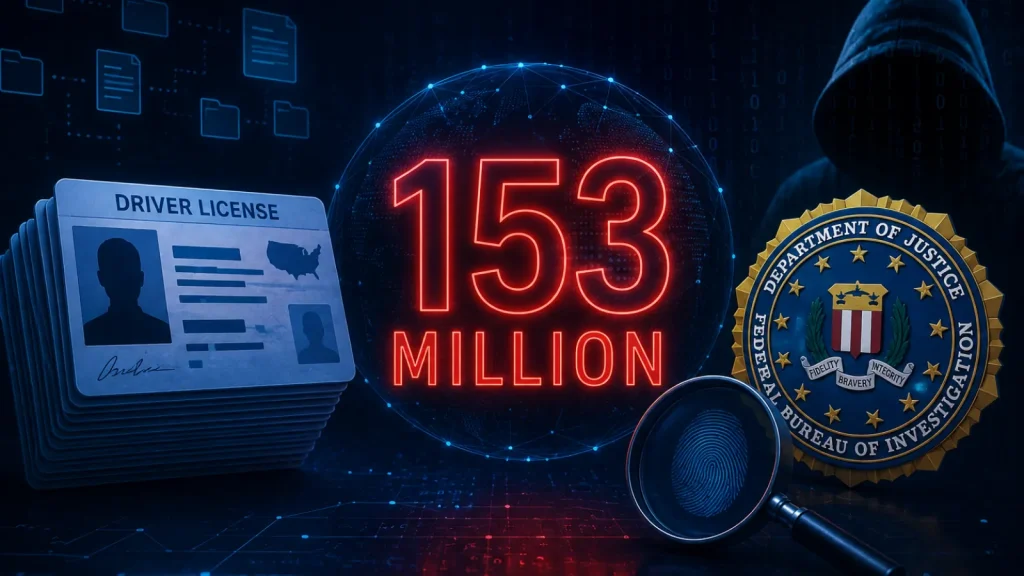 153-Million-Drivers-License-Scans-Surface-on-Dark-Web-as-FBI-Opens-Investigation-1024×576 Digital art showing 153 million in red, a stack of driver licenses, FBI badge, magnifying glass, and a hooded figure, suggesting a data breach or identity theft affecting millions.