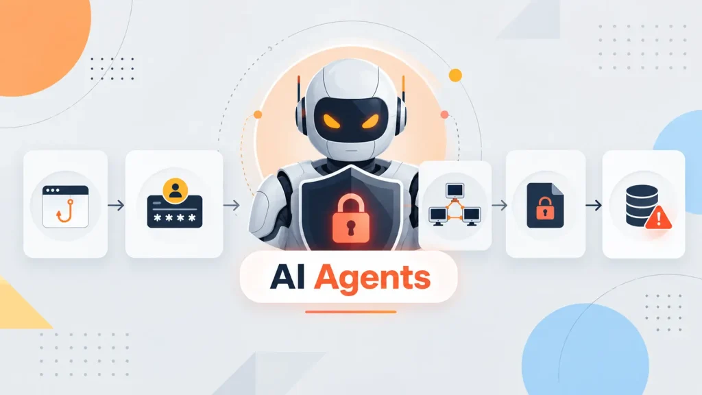 AI-Agents-Now-Run-Ransomware-Attacks-End-to-End-Without-Human-Operators-1024×576 A robot with a lock symbol on its chest stands in front of icons representing cybersecurity steps, with the text AI Agents below.