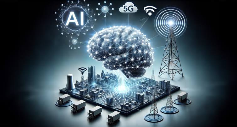 A glowing digital brain hovers over a cityscape with AI and 5G icons, wireless signals, and communication towers, symbolizing advanced technology and connectivity.