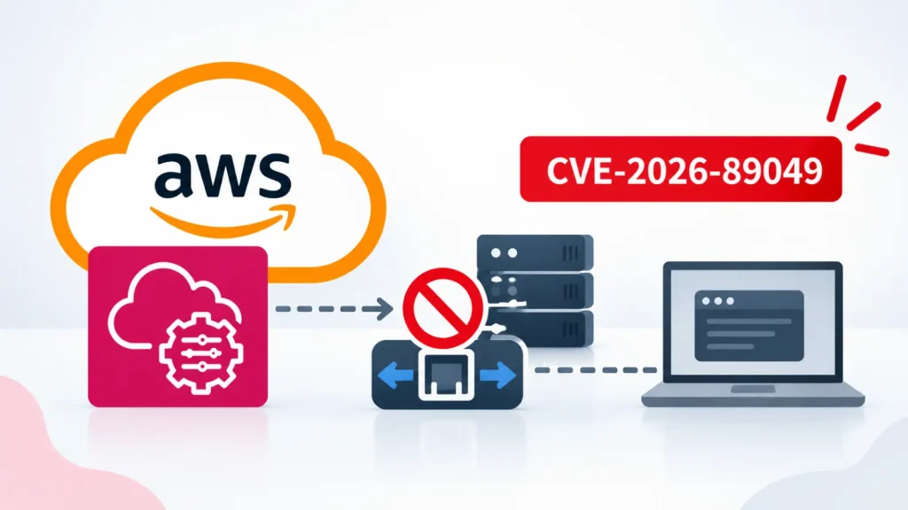 AWS logo, cloud service icons, a warning sign, and a laptop screen with CVE-2026-89049 highlighted, indicating a security vulnerability.