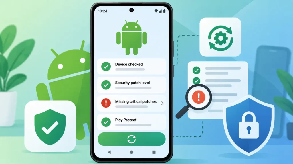 Android-Apps-Can-Now-Check-If-Your-Phone-Is-Missing-Critical-Security-Patches-1024×576 A smartphone shows an Android security checklist, highlighting a missing critical patch. Surrounding icons include a shield, magnifying glass, settings gear, and an Android mascot, all symbolizing security and software updates.
