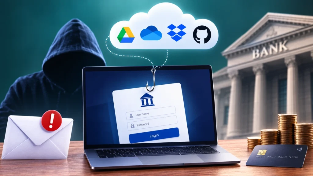 Attackers-Abuse-Trusted-Cloud-Services-to-Hide-Phishing-1024×576 A hooded figure behind a laptop shows a phishing login form, a cloud with file storage icons, a warning envelope, coins, and a bank card, suggesting cybercrime and phishing risks.