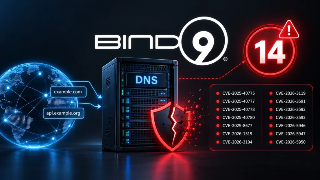 BIND-DNS-Servers-Hit-by-14-Security-Flaws-Enabling-Cache-Poisoning-and-Remote-Crashes-1024×576 A server labeled DNS is linked to a cracked shield and a warning icon with 14. A globe shows example domains. A list of CVEs appears, representing BIND 9 DNS vulnerabilities.