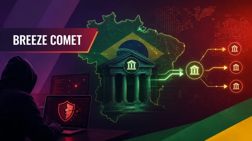 BREEZE-COMET-Hackers-Use-AI-Assisted-Malware-to-Target-Brazil-Banks-for-Fraudulent-Transfers-1024×576 A hooded figure at a laptop faces a digital Brazil map with a bank icon, network lines, and the text BREEZE COMET overlaid, symbolizing cyber threats to Brazilian banking.