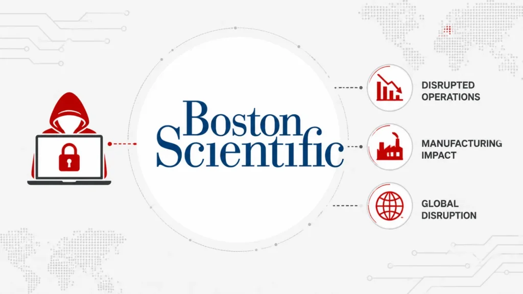 Boston-Scientific-Cyberattack-Disrupts-Medical-Device-Manufacturing-and-Global-Operations-1024×576 Boston Scientific logo in the center, with icons showing disrupted operations, manufacturing impact, and global disruption. A red hooded figure with a locked laptop symbolizes a cybersecurity threat.