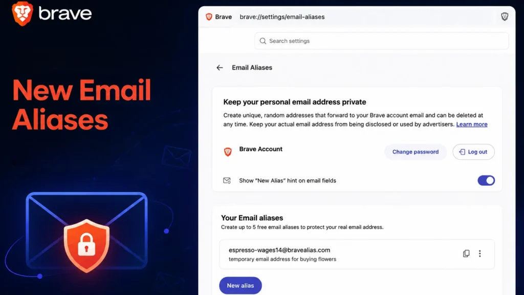 Screenshot of the Brave browsers email alias feature, showing options to manage aliases, protect personal email addresses, and an example alias. Text on the left says New Email Aliases with an email icon below.
