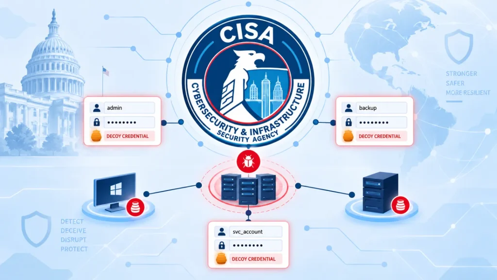 CISA-Wants-Defenders-to-Plant-Fake-Credentials-and-Systems-to-Catch-Hackers–1024×576 CISA logo in center, three user accounts (admin, backup, svc_account) around central servers, all labeled decoy credential. Icons of buildings, the US Capitol, and security terms in the background.