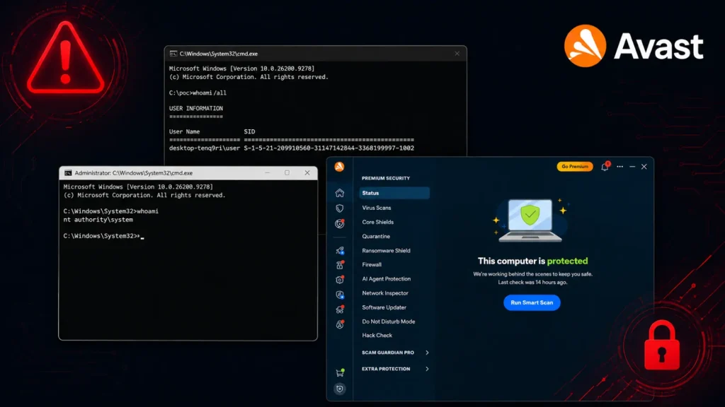 Chaotic-Eclipse-Claims-Avast-Antivirus-0-Day-Vulnerability-PoC-Released-1024×576 Two command prompt windows with system info, next to an Avast antivirus screen showing protection status. The background includes alert icons, and the Avast logo appears in the top right corner.