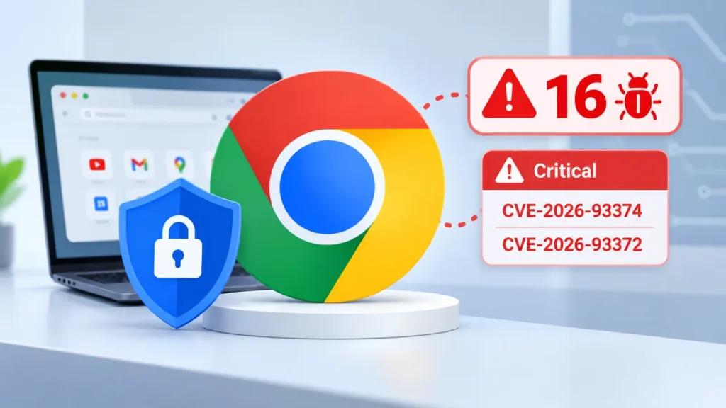 Chrome-153-Patches-16-Security-Vulnerabilities-Including-Critical-Dawn-and-WebGL-Flaws-1024×576 Google Chrome logo on a pedestal beside a padlock shield, with warnings showing 16 vulnerabilities and two critical CVEs. A laptop in the background displays a Chrome browser window.
