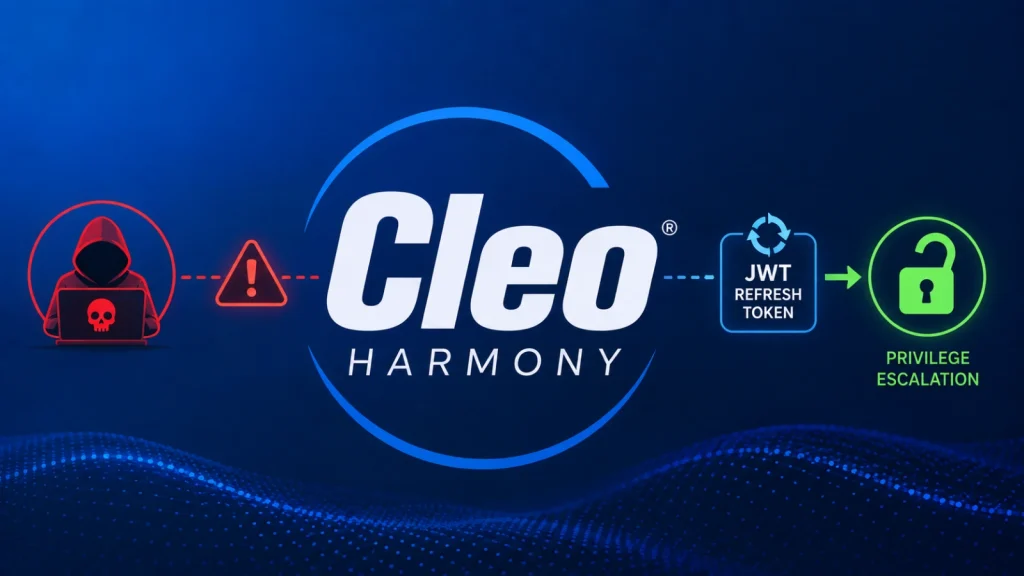Cleo-Harmony-Flaw-1024×576 Diagram showing a hacker leading to an alert, then to Cleo Harmony, followed by JWT Refresh Token, ending with a green unlocked padlock labeled Privilege Escalation on a blue background.