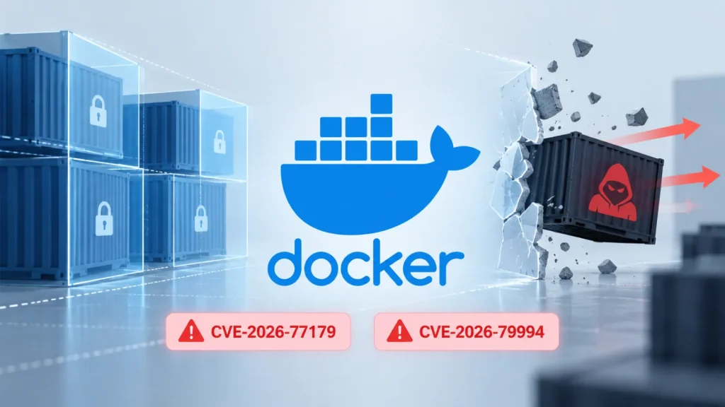 Docker logo with containers; one container breaking through a wall shows a hacker icon. Warning icons below display CVE-2026-77179 and CVE-2026-79994, highlighting security vulnerabilities.