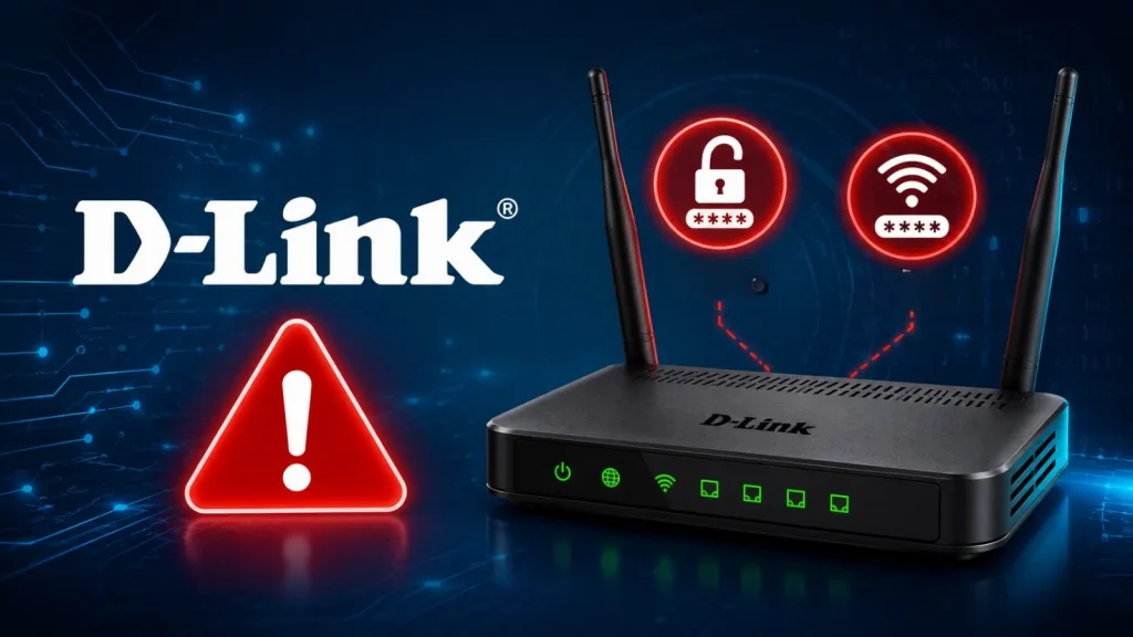 D-Link-Router-Flaws-Let-Unauthenticated-Attackers-Change-Admin-Password-and-Steal-Wi-Fi-Credentials-1-1024×576 A D-Link router with warning icons, including a red exclamation point and unlocked padlock, suggesting security or vulnerability issues, on a digital background.