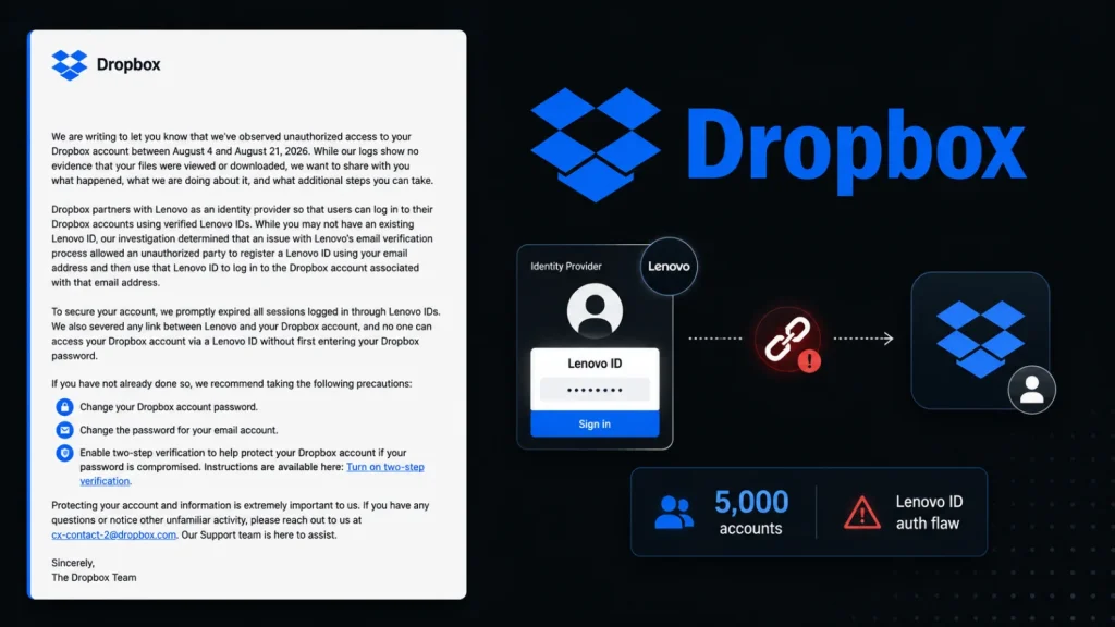 A Dropbox security notice explains a data breach via Lenovo ID, affecting 5,000 accounts due to an authentication flaw, with steps to change passwords and protect user information.