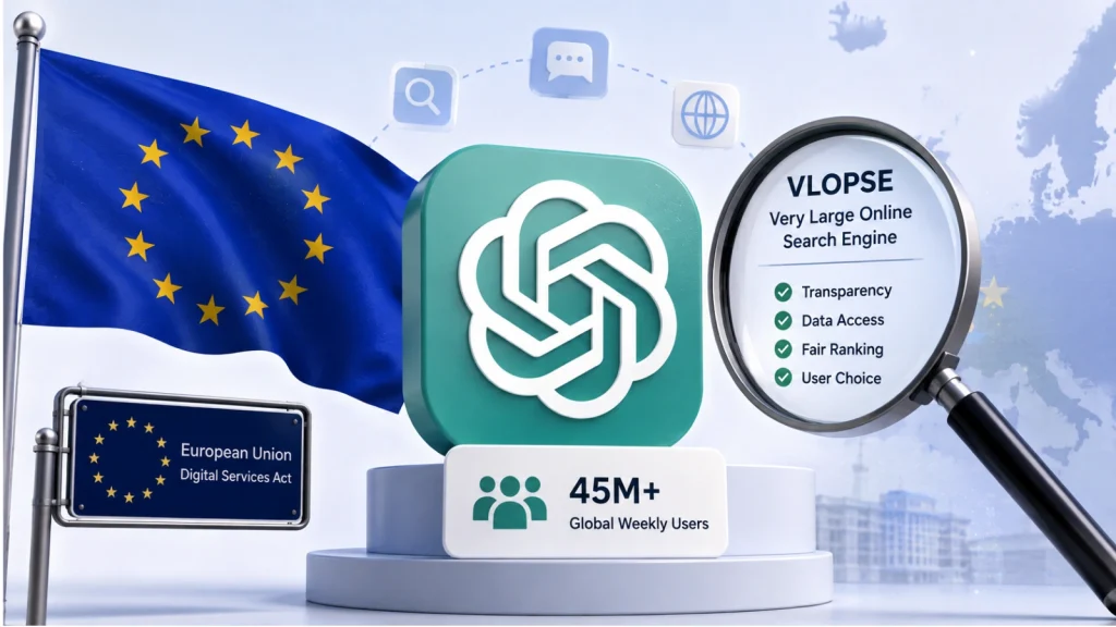 EU-ChatGPT-Very-Large-Online-Search-Engine-1024×576 A European Union flag, Digital Services Act sign, and a magnifying glass highlighting VLOPSE with transparency, data access, fair ranking, and user choice; OpenAI logo and 45M+ global weekly users in the center.