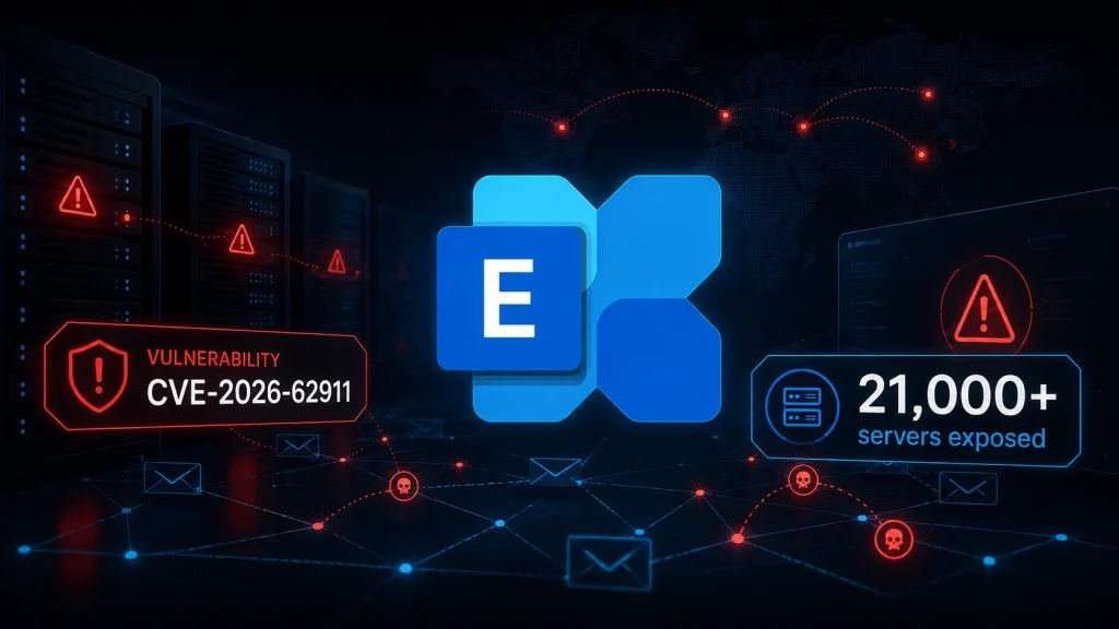 Exchange-Servers-CVE-2026-62911-Remain-Exposed-1024×576 Illustration of a security breach in email servers, highlighting Vulnerability CVE-2026-62911 and 21,000+ servers exposed, with warning icons and the Microsoft Exchange logo at the center.