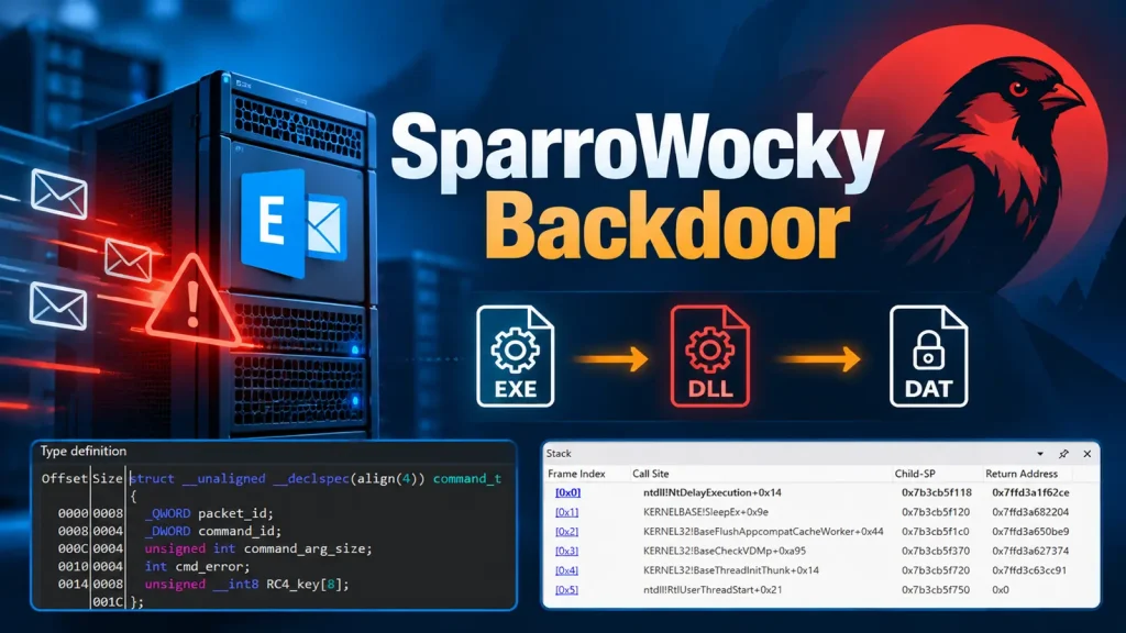 FamousSparrow-Exploits-Public-Facing-Exchange-Servers-to-Deploy-SparroWocky-Backdoor-1024×576 A server with email icons, SparroWocky Backdoor text, bird graphic, EXE to DLL to DAT icons, and code snippets, illustrating email cyberattack malware.