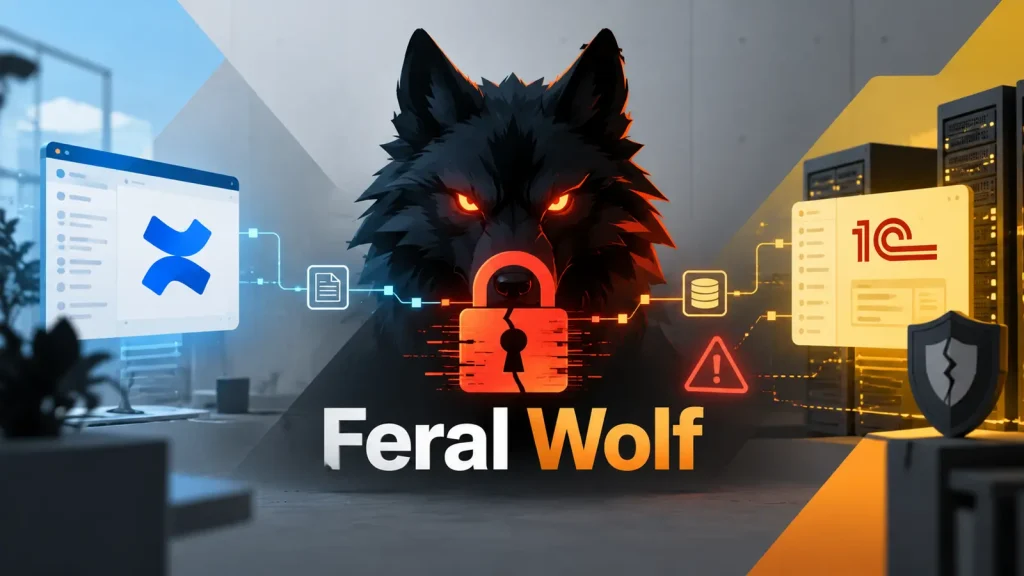 A digital illustration of a wolf with glowing red eyes and a lock, symbolizing cybersecurity. Computer screens, servers, and warning icons surround the wolf. The text Feral Wolf is at the bottom.