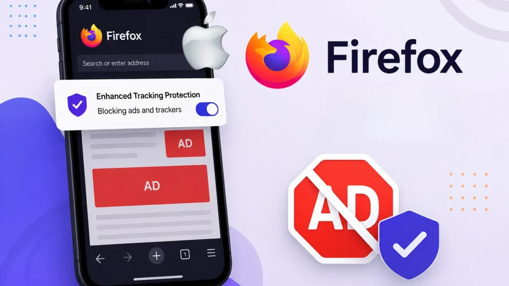 A smartphone shows Firefox browser with enhanced tracking protection enabled, blocking ads and trackers. Firefox and Apple logos are visible, along with a no ads icon and a shield.
