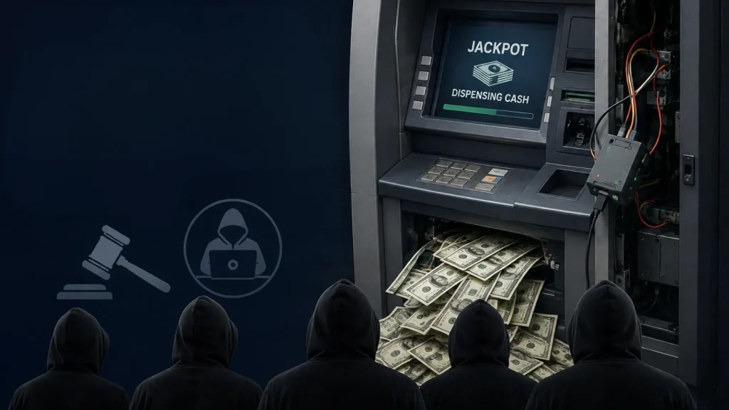 An ATM with its panel open dispenses stacks of cash, screen shows JACKPOT DISPENSING CASH. Five hooded figures and icons of a judges gavel and a hooded hacker appear in the foreground.