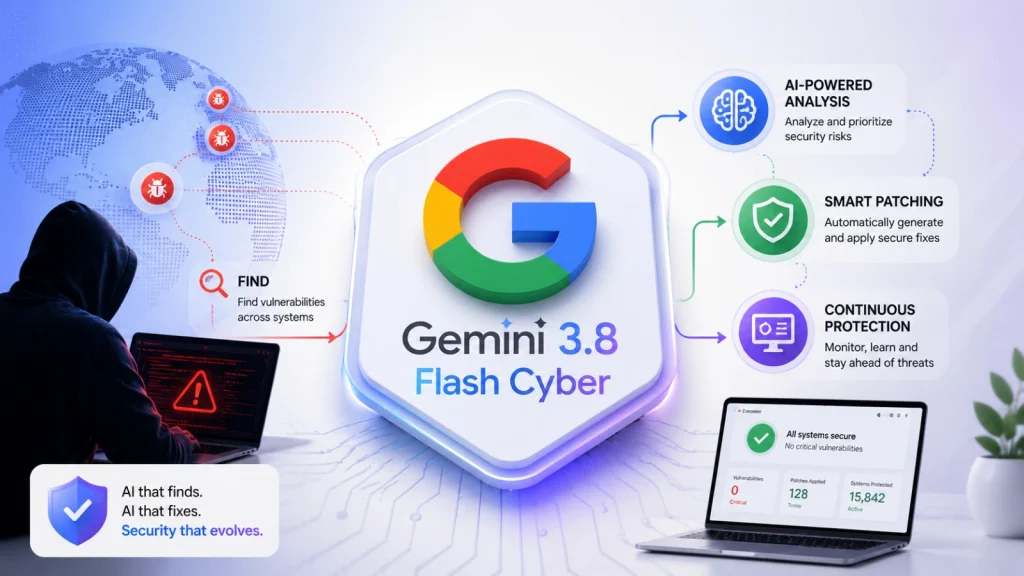 Gemini-3.8-Flash-Cyber-1024×576 An infographic showing Google Gemini 3.8 Flash Cyber, highlighting AI-powered analysis, smart patching, and continuous protection features alongside graphics of laptops, a hooded person, and cyber security icons.