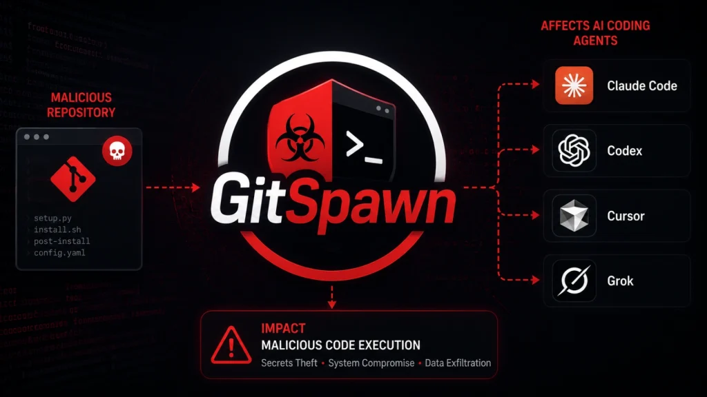 GitSpawn-Flaws-1024×576 Diagram showing GitSpawn malware impacting AI coding agents (Claude Code, Codex, Cursor, Grok) via a malicious repository, leading to malicious code execution, secrets theft, system compromise, and data exfiltration.