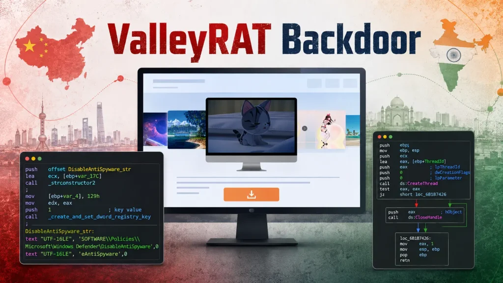 Hackers-Hide-ValleyRAT-Backdoor-Inside-Adware-Targeting-Users-in-China-and-India-1024×576 A monitor displays a cat and anime character, flanked by code snippets. ValleyRAT Backdoor is written above, with faded images of China and India flags and skylines in the background.