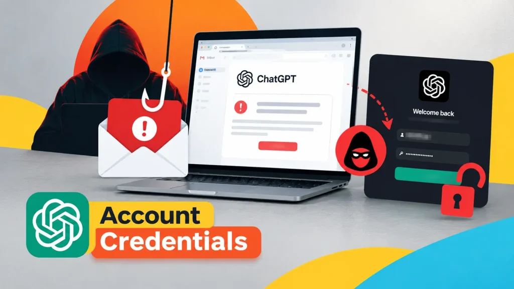 Hackers-Impersonate-ChatGPT-Subscription-Alerts-to-Steal-OpenAI-Account-Credentials-1024×576 A hooded figure, phishing email, and login screen symbolize a phishing attack targeting ChatGPT account credentials, with warning icons and security visuals.