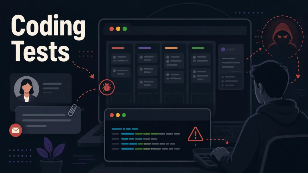 A person sits at a computer with code and warning symbols onscreen. Text reads Coding Tests. Icons show a bug, a profile, an envelope, and a hooded figure, suggesting cyber threats or exam security issues.