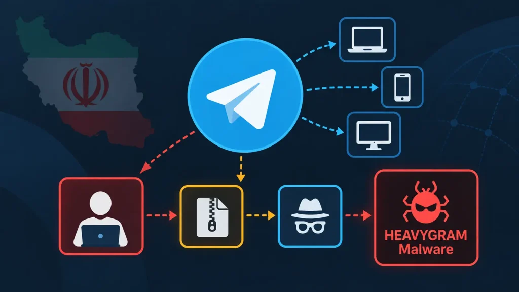 Diagram showing Telegram app connected to various devices and users, with arrows leading to files, a disguised figure, and a red box labeled HEAVYGRAM Malware. The Iran flag outline is visible in the background.