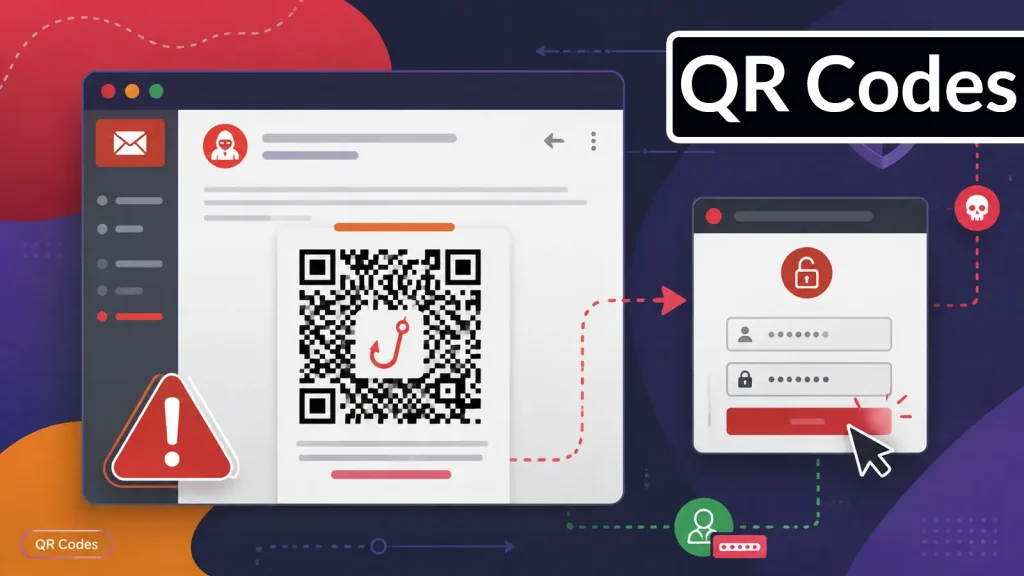 An illustration shows a QR code on a computer screen linked to a login form and warning icons, suggesting security risks related to QR codes. The words QR Codes appear in a bold box.