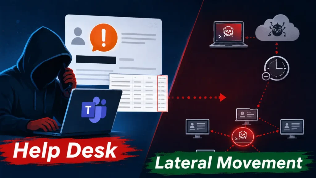 A hooded figure at a laptop with a Microsoft Teams logo, labeled Help Desk, is contrasted with a diagram of hacked devices labeled Lateral Movement..