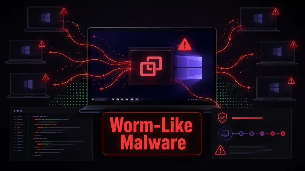 A graphic of a laptop with warning icons and red lines connecting to other computers, symbolizing the spread of worm-like malware, with Worm-Like Malware text at the bottom.