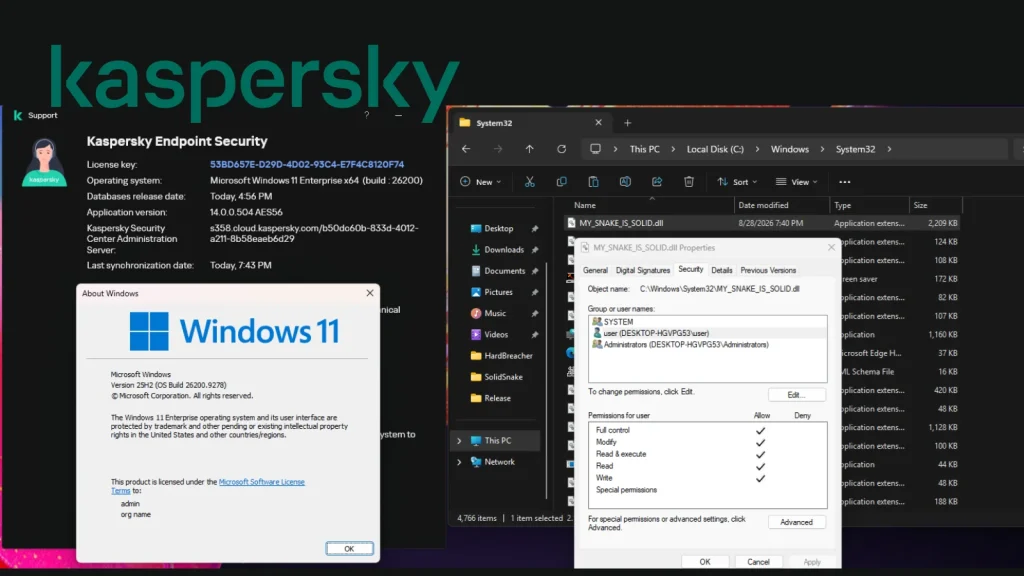 HardBreacher-Kaspersky-Zero-Day-1024×576 Screenshot shows Kaspersky Endpoint Security, a Windows 11 update prompt, and a file permissions window, all open on a computer desktop. The Kaspersky logo is displayed at the top left.