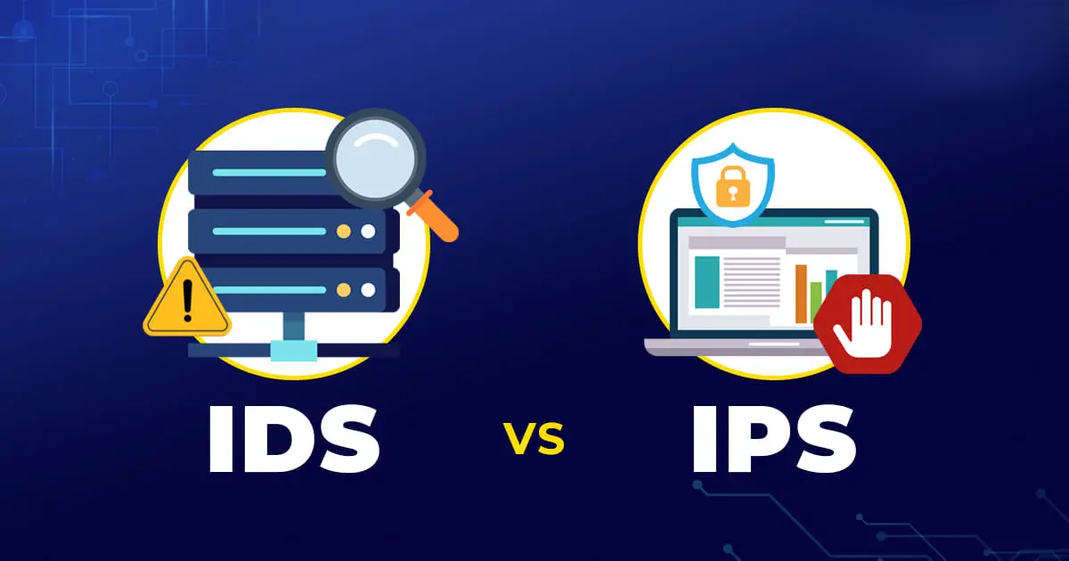 IDS vs IPS Networks Illustration comparing IDS (server stack with a magnifying glass and warning) and IPS (laptop with security icons and a stop hand), highlighting cybersecurity concepts.