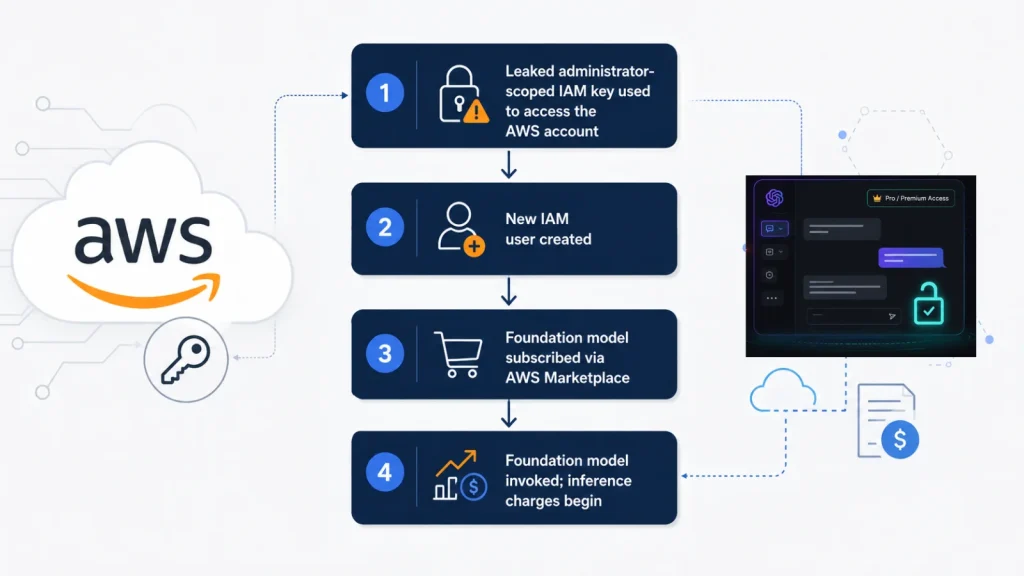 Flowchart showing AWS security breach: 1. Leaked admin IAM key used, 2. New IAM user created, 3. Model subscribed via AWS Marketplace, 4. Model invoked, charges start. AWS and cloud icons included.