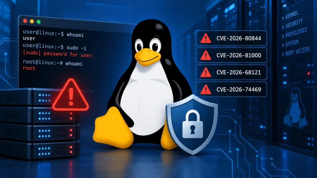 A Linux penguin mascot with a security shield is in front of servers, warning icons, CVE codes, and terminal commands, symbolizing security vulnerabilities in Linux systems.