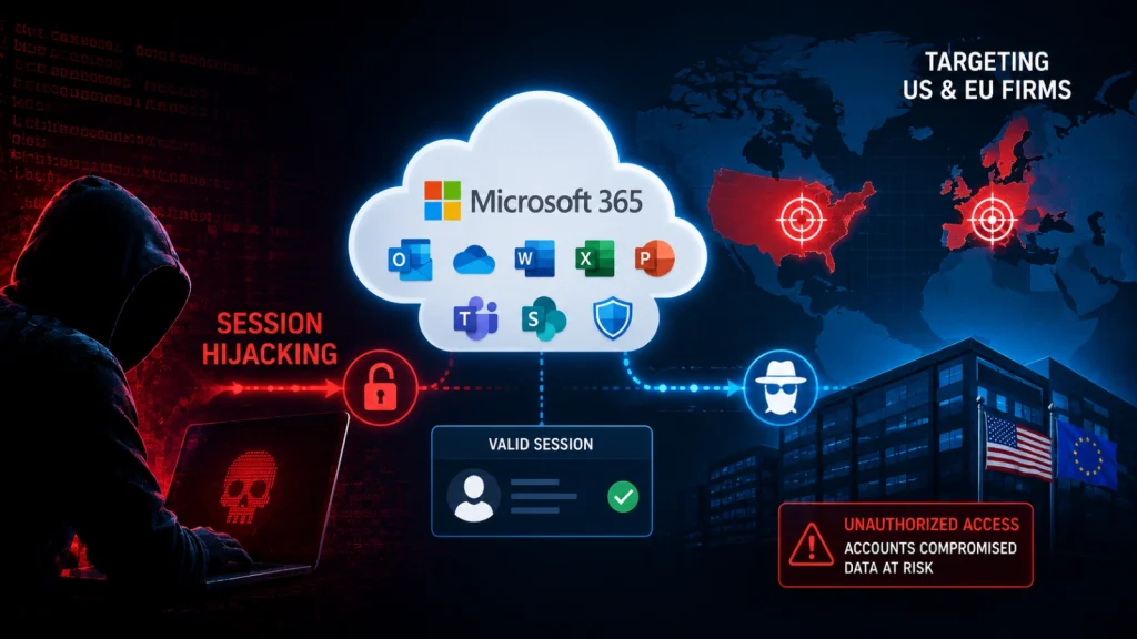 Illustration of a hacker targeting Microsoft 365 cloud accounts, highlighting risks like session hijacking and unauthorized access, with a focus on US and EU firms; icons for Microsoft apps shown.