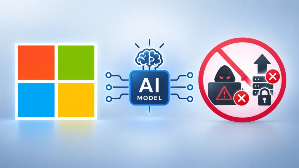 Microsoft logo, an AI model icon, and a no cybercrime symbol with a hacker, servers, padlock, and warning sign, all on a light blue background.
