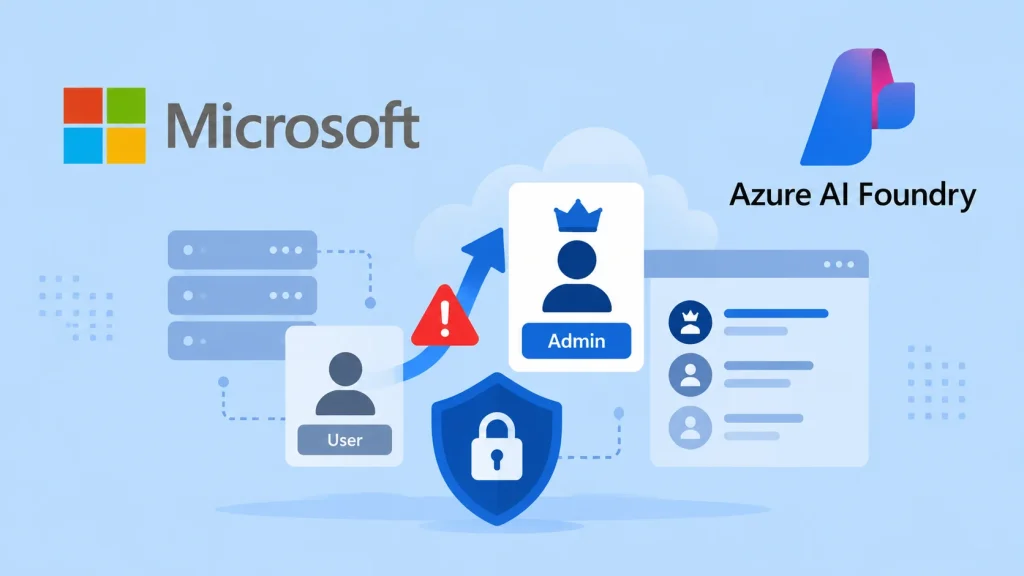 Microsoft-Azure-AI-Foundry-Vulnerability-1024×576 Microsoft and Azure AI Foundry logos with icons representing user access, admin privileges, data security, and an alert symbol, illustrating cybersecurity and access management concepts in a cloud environment.