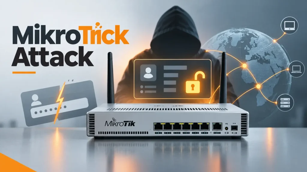 MikroTrick-Attack-Lets-Hackers-Gain-Full-Admin-Control-of-MikroTik-Routers-Without-Login-1024×576 A MikroTik router is shown with cybersecurity icons, a hooded figure, and a glowing network map. Text reads MikroTik Attack..
