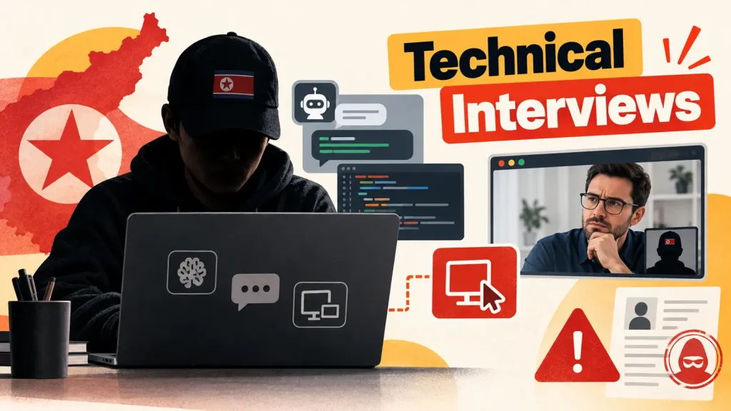 A person in shadow uses a laptop with tech icons. North Korean flag and map are behind. Technical Interviews text is shown, along with a video call, code, warning icon, and a document with a photo.