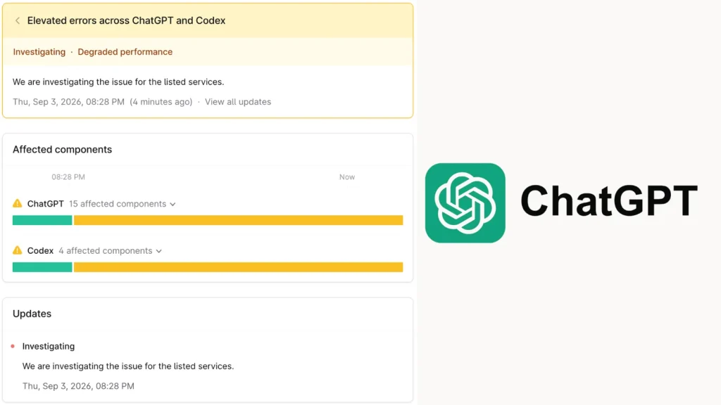 ChatGPT status page showing elevated errors message, affected services with yellow and teal progress bars, and the ChatGPT logo and name on the right.