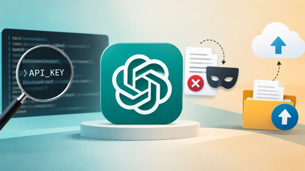 OpenAI logo in the center, surrounded by icons of a magnifying glass with API_KEY, documents, a cloud upload, and a folder, representing API security and data protection concepts.