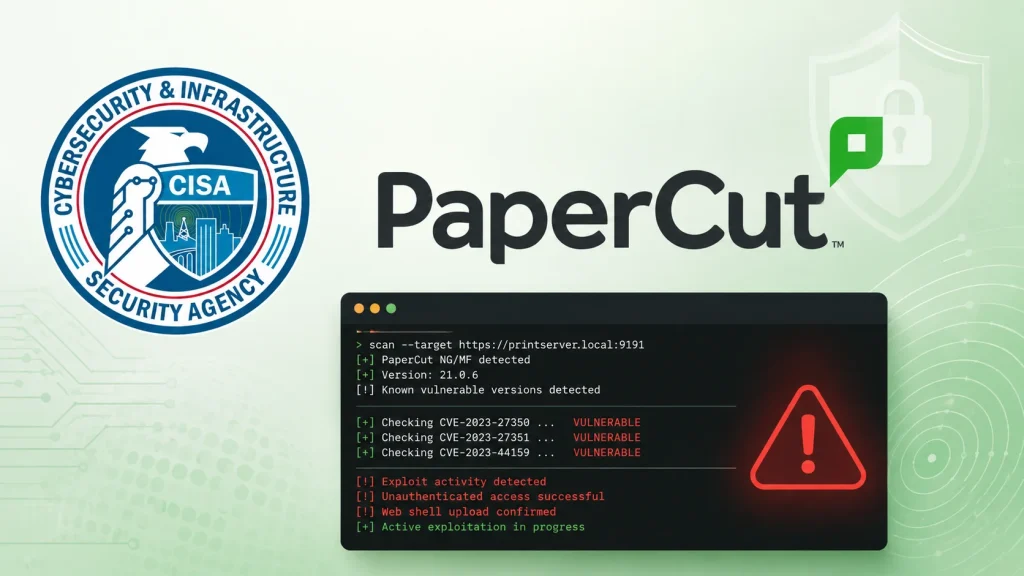 PaperCut-NG_MF-Vulnerabilities-Exploited-1024×576 CISA logo, PaperCut logo, and a warning screen showing detected vulnerabilities, including unauthorized access and exploits, with a red warning triangle. Background features a lock icon.