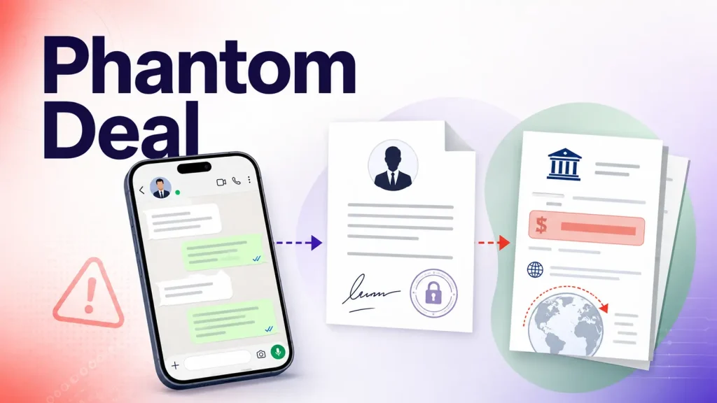 A smartphone showing a chat, followed by documents with a signature and bank symbol, illustrating a financial scam or fraudulent deal. The text Phantom Deal appears in bold.