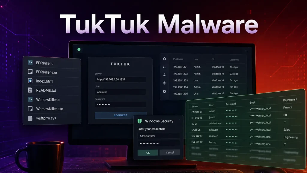 A computer screen displays dark-themed panels with login forms, file lists, and user credentials under the heading TukTuk Malware. A mug sits beside the monitor on a futuristic, tech-inspired background.